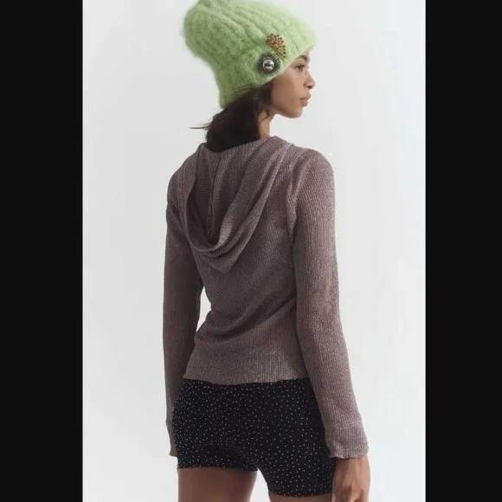 NWT Daily Practice Anthropologie Sparkle Knit Hooded‎ V Neck Top Sz Large Taupe